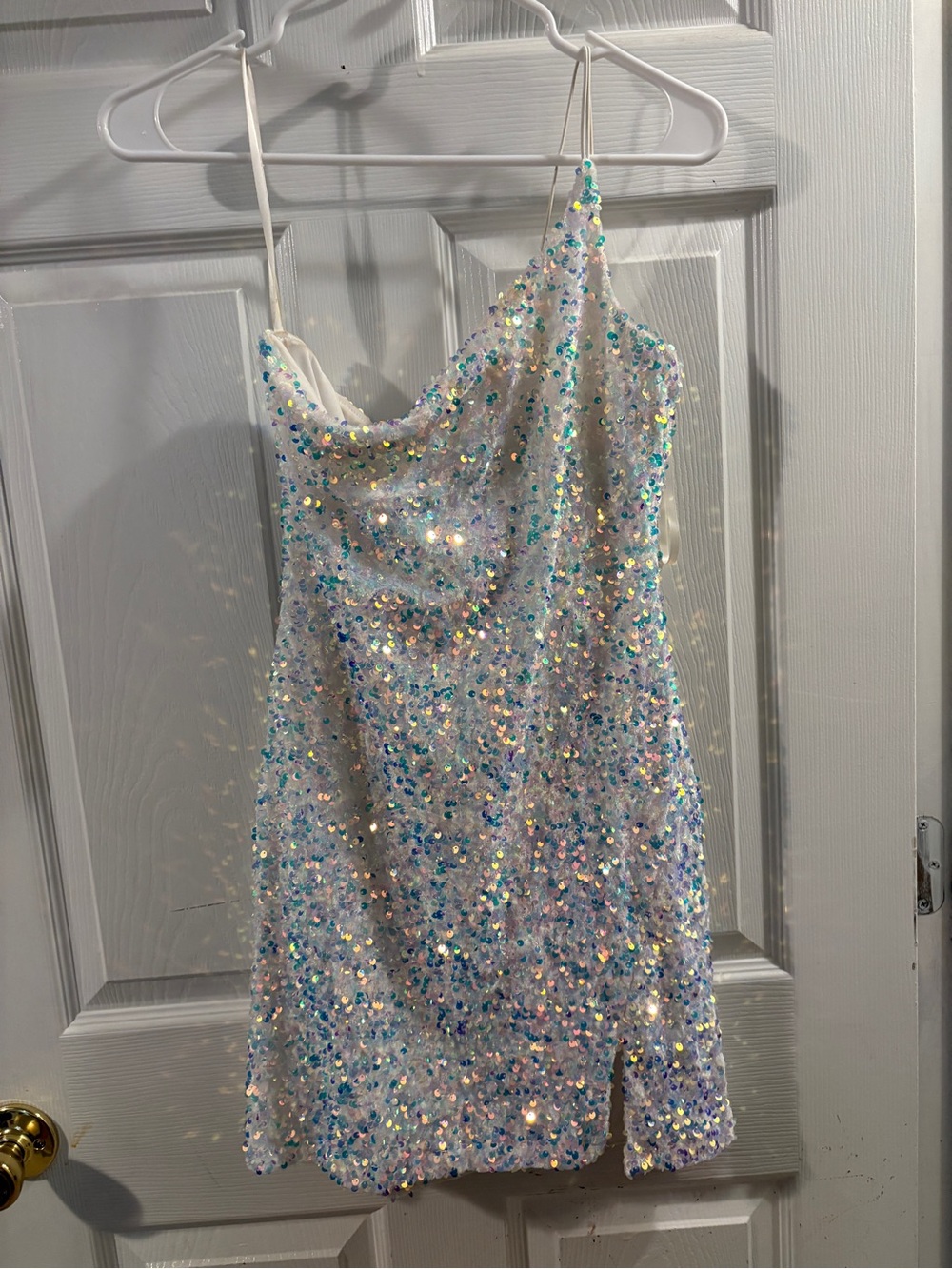 Windsor White Sequin Homecoming/Formal Dress with Iridescent Blue Accents